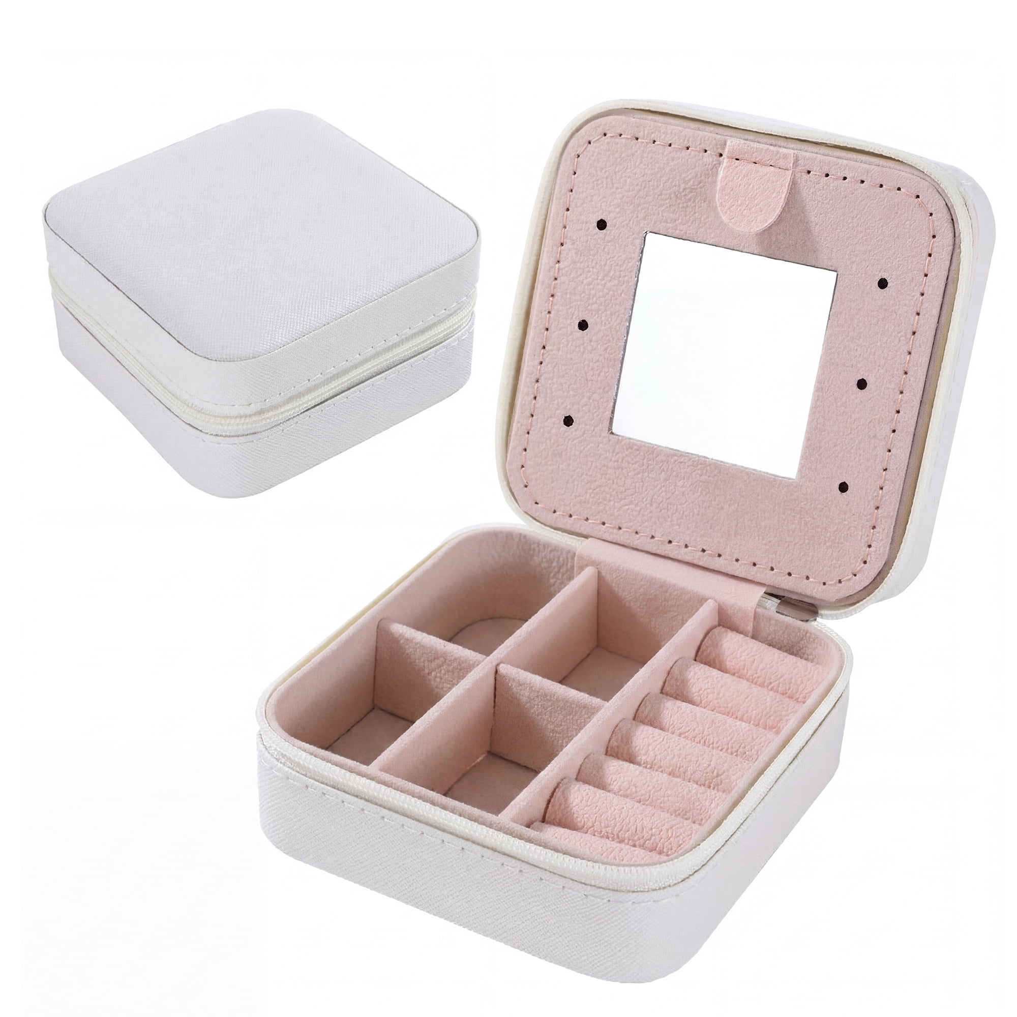 Travel Jewelry Box with Mirror Small Portable PU Leather Organizer Gifts Beige