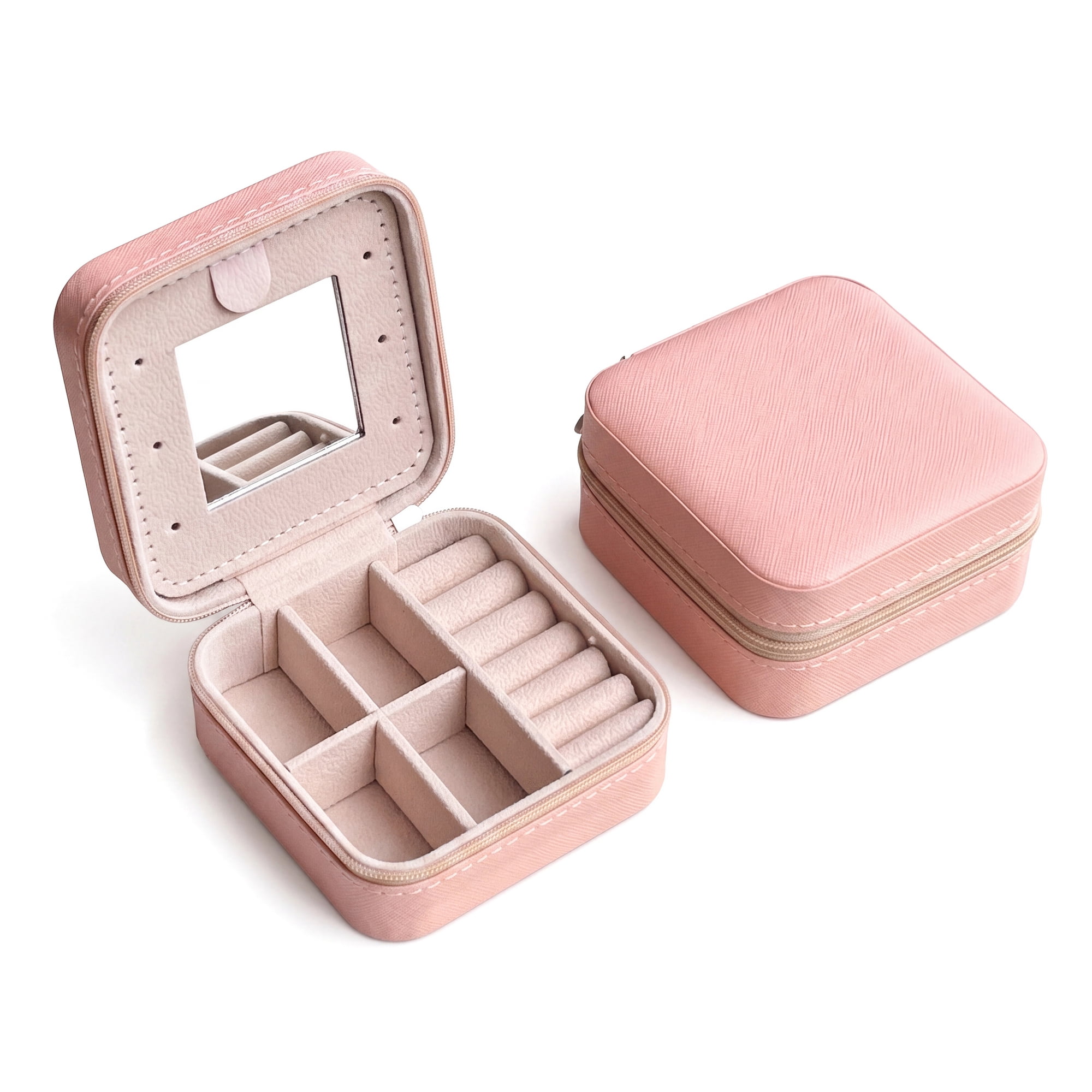 Travel Jewelry Box with Mirror Small Portable PU Leather Organizer Gifts Nude Pink