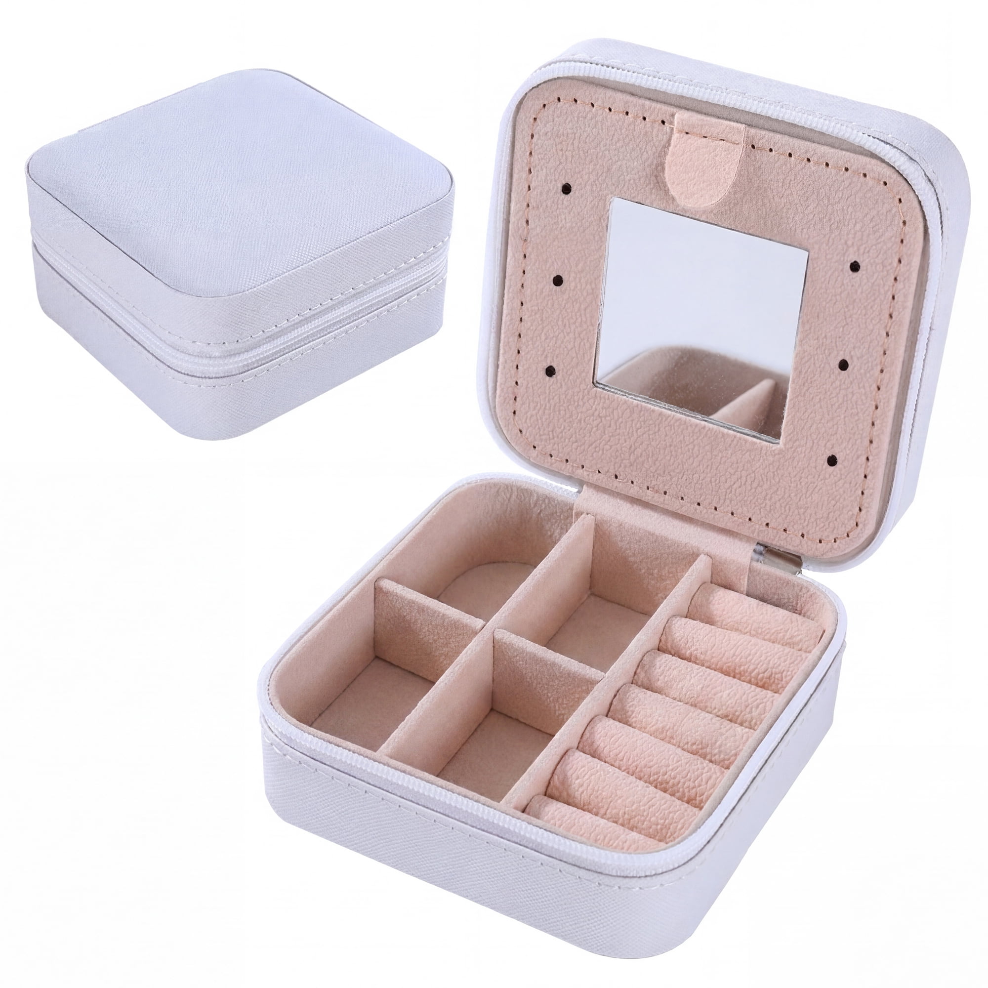 Travel Jewelry Box with Mirror Small Portable PU Leather Organizer Gifts White