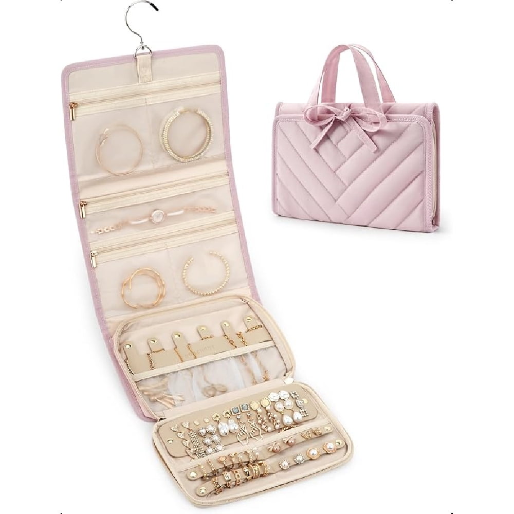 Travel Jewelry Case, Hanging Roll Jewelry Bag with Zipper Pockets for Travel, Large Capacity Jewelry Travel Case for Rings, Necklaces, Earrings, Bracelets, Portable Travel Essentials, Pink