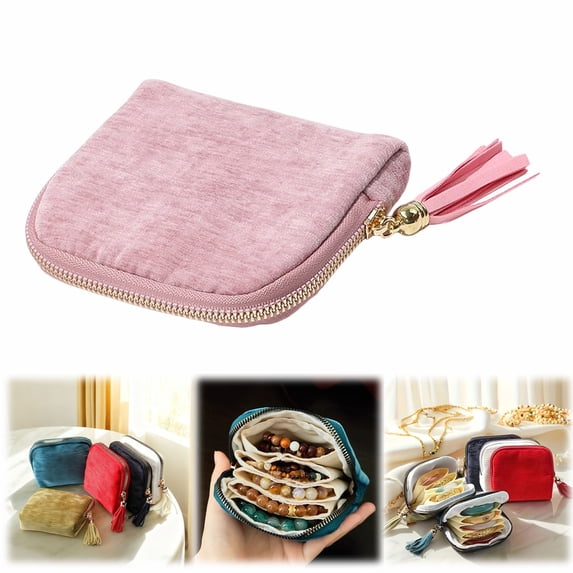 Travel Jewelry Case Organizer Bag, Velvet Jewelry Storage Pouch for Women, Small Tassel Storage Bag, Portable Multi Layer Jewelry Bags for Necklaces, Rings and Earrings, Zipper Closure Bag