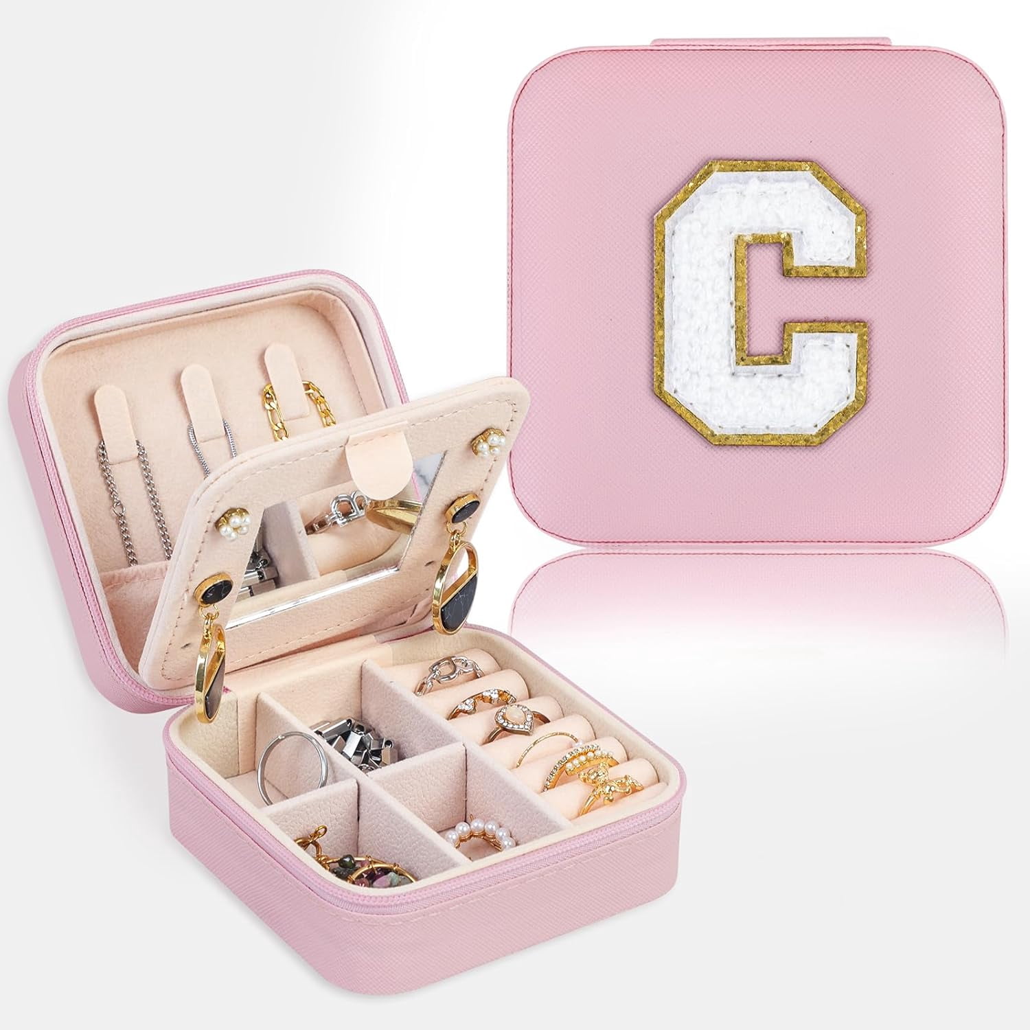 Travel Jewelry Case Organizer, Gifts For Women, Small Jewelry Box Jewelry Organizer, Necklace Organizer Earring Organizer Box With Mirror, Pink Travel Essentials Initial C[Z1]