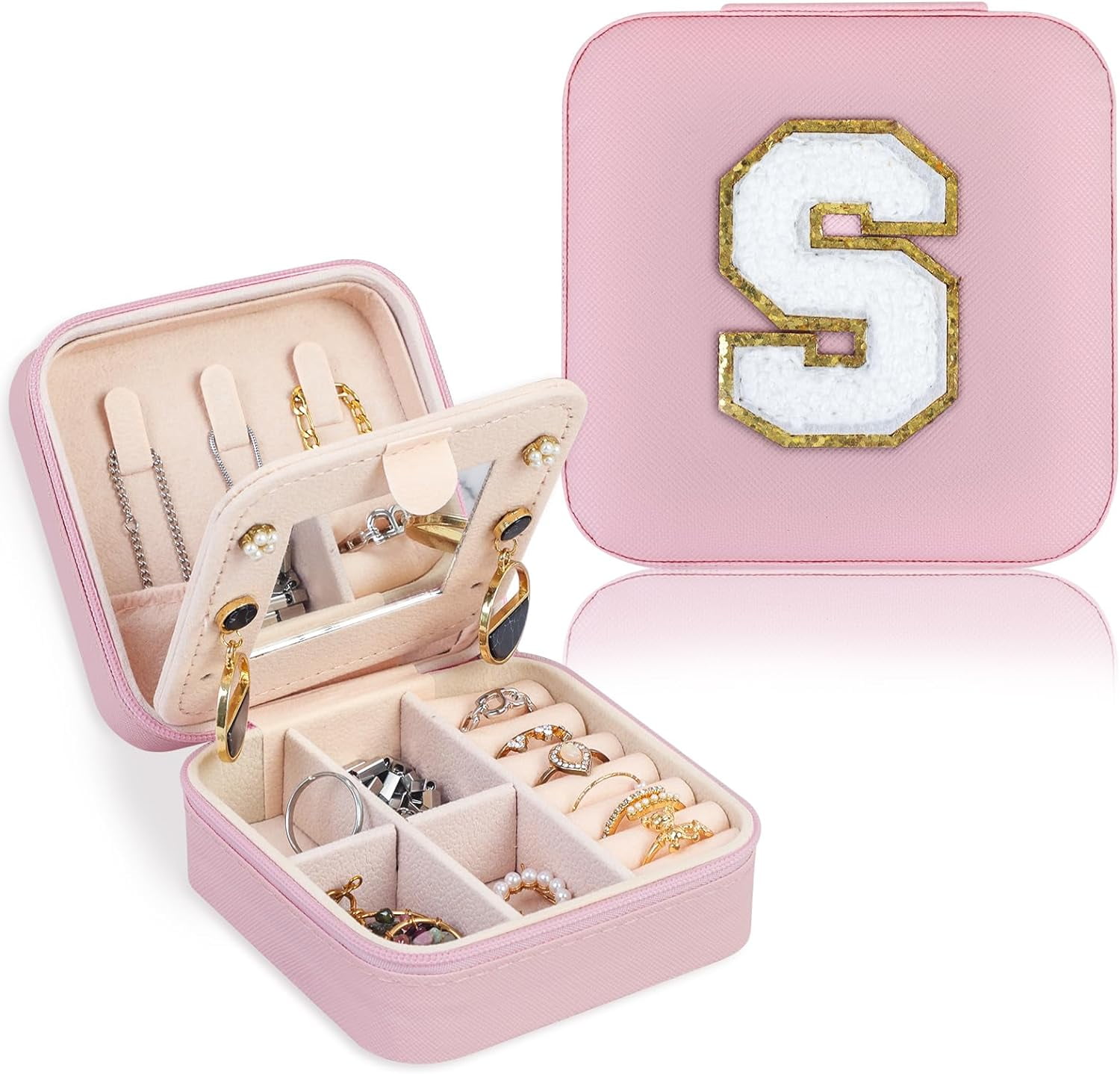 Travel Jewelry Case Organizer, Gifts For Women, Small Jewelry Box Jewelry Organizer, Necklace Organizer Earring Organizer Box With Mirror, Pink Travel Essentials Initial S[Z1]