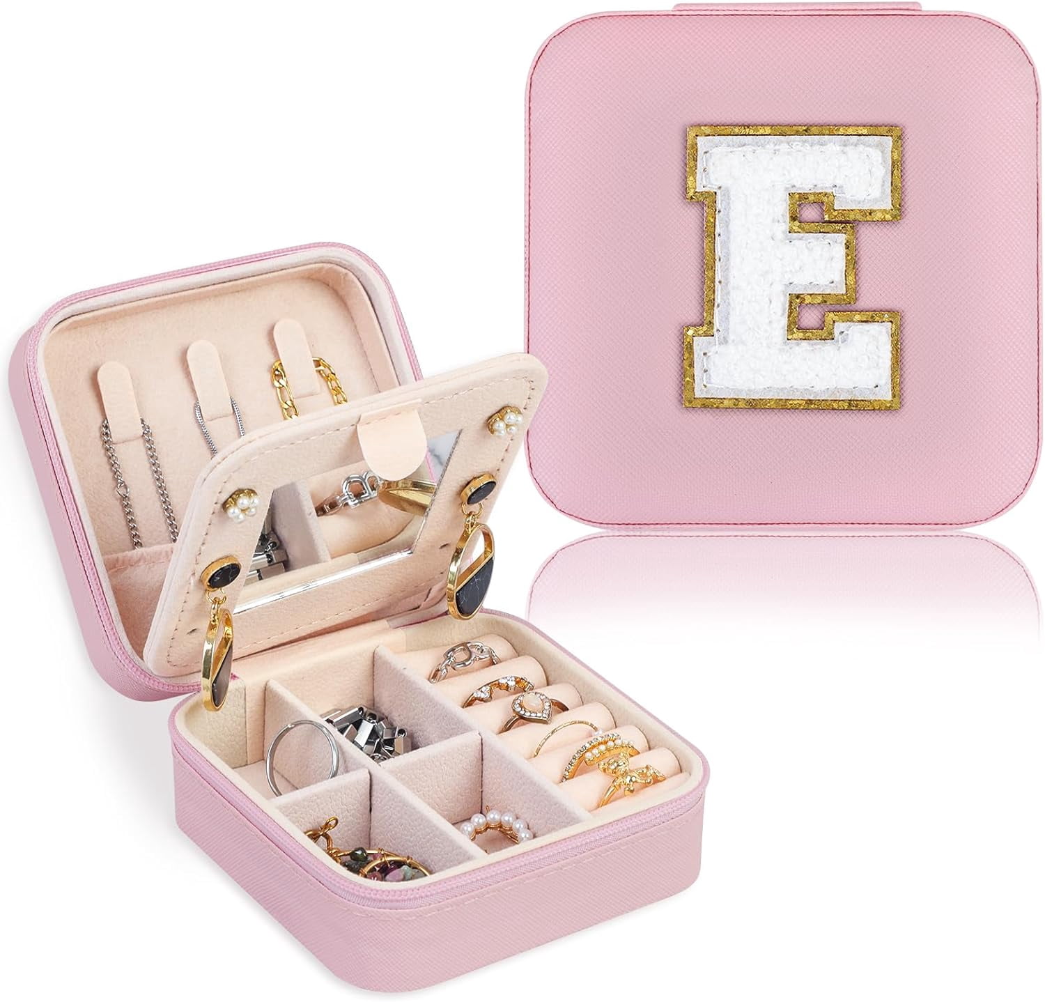 Travel Jewelry Case Organizer, Gifts For Women, Small Jewelry Box Jewelry Organizer, Necklace Organizer Earring Organizer Box With Mirror, Pink Travel Essentials Initial E[Z1]