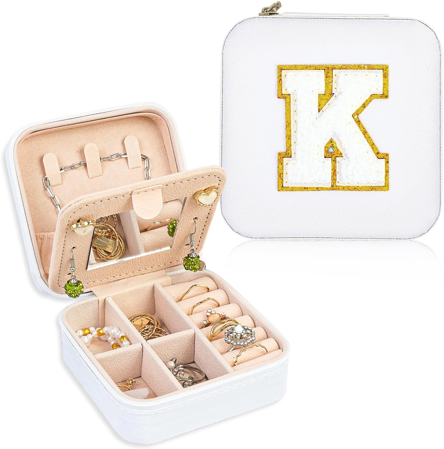 Travel Jewelry Case Organizer, Gifts For Women, Small Jewelry Box Jewelry Organizer, Necklace Organizer Earring Organizer Box With Mirror, White Travel Essentials Initial K[Z1]
