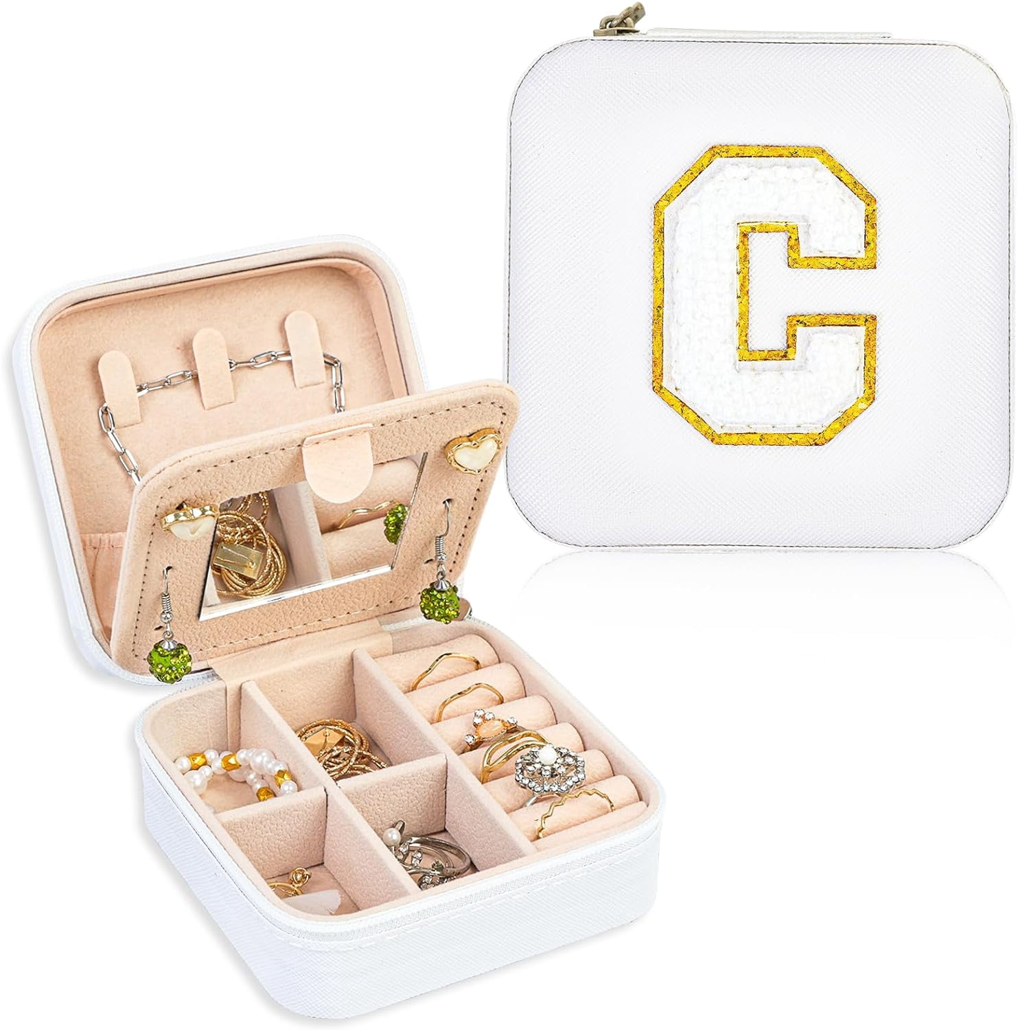 Travel Jewelry Case Organizer, Gifts For Women, Small Jewelry Box Jewelry Organizer, Necklace Organizer Earring Organizer Box With Mirror, White Travel Essentials Initial C[Z1]
