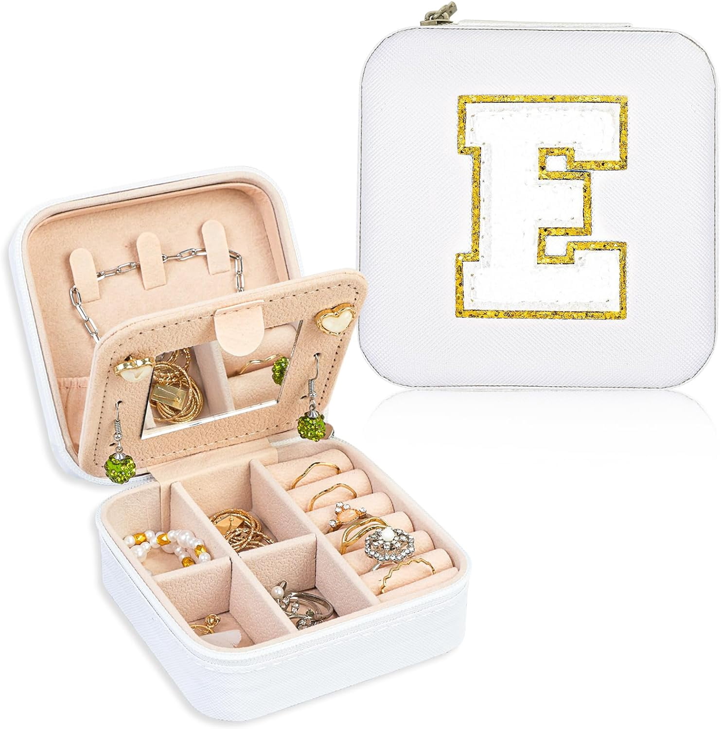 Travel Jewelry Case Organizer, Gifts For Women, Small Jewelry Box Jewelry Organizer, Necklace Organizer Earring Organizer Box With Mirror, White Travel Essentials Initial E[Z1]