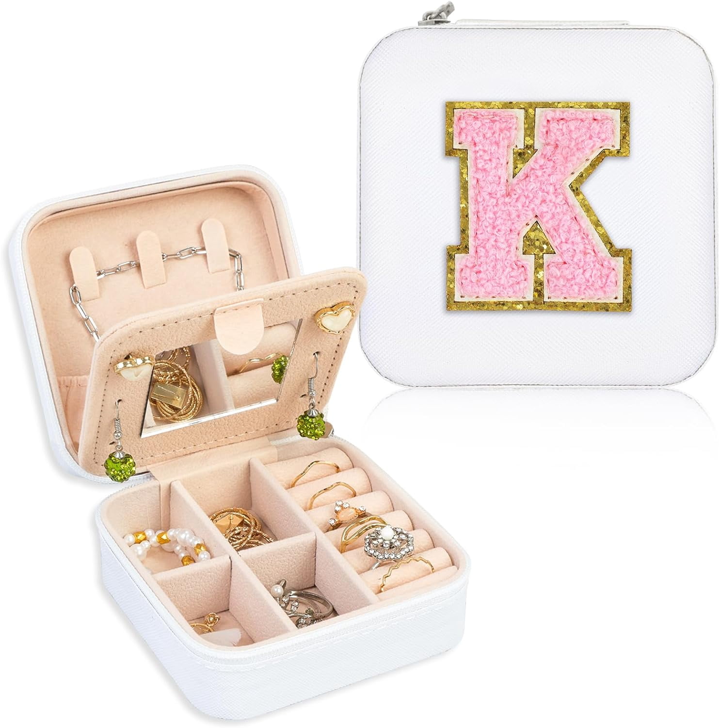 Travel Jewelry Case Organizer, Small Jewelry Box Jewelry Organizer, Gifts For Women Girls, Earring Jewelry Organizer Box With Mirror, White Travel Essentials Initial K[Z1]