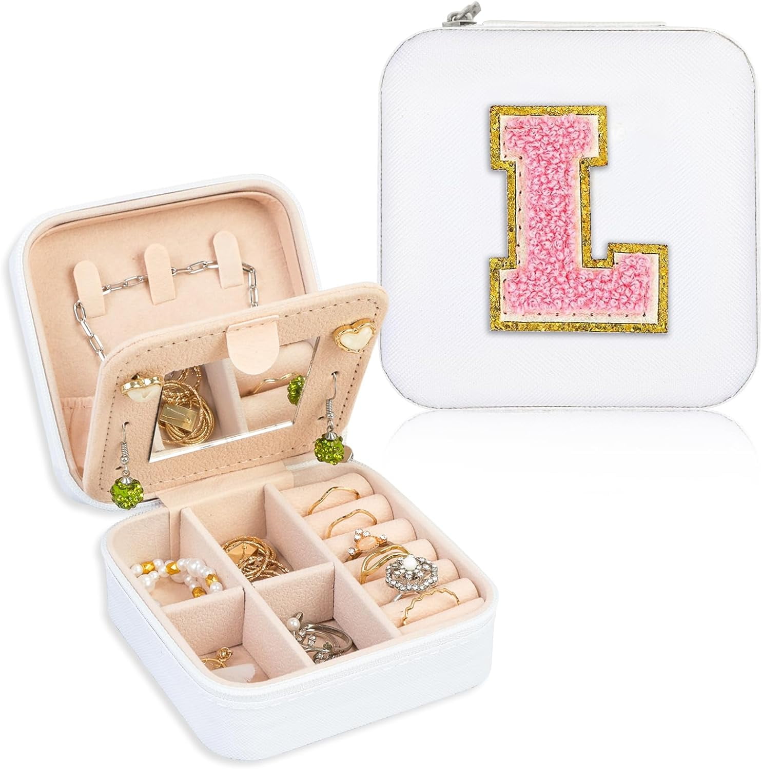 Travel Jewelry Case Organizer, Small Jewelry Box Jewelry Organizer, Gifts For Women Girls, Earring Jewelry Organizer Box With Mirror, White Travel Essentials Initial L[Z1]
