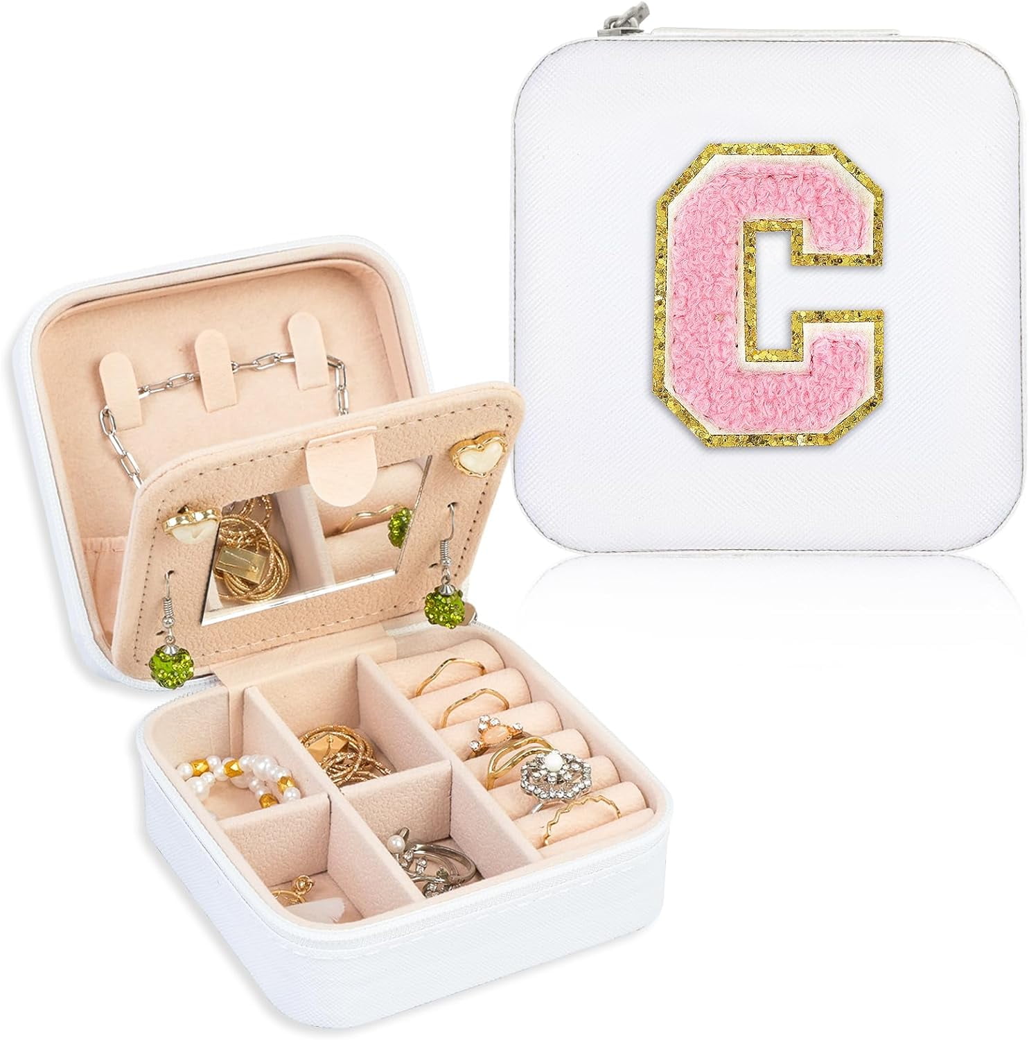 Travel Jewelry Case Organizer, Small Jewelry Box Jewelry Organizer, Gifts For Women Girls, Earring Jewelry Organizer Box With Mirror, White Travel Essentials Pink Initial C[Z1]