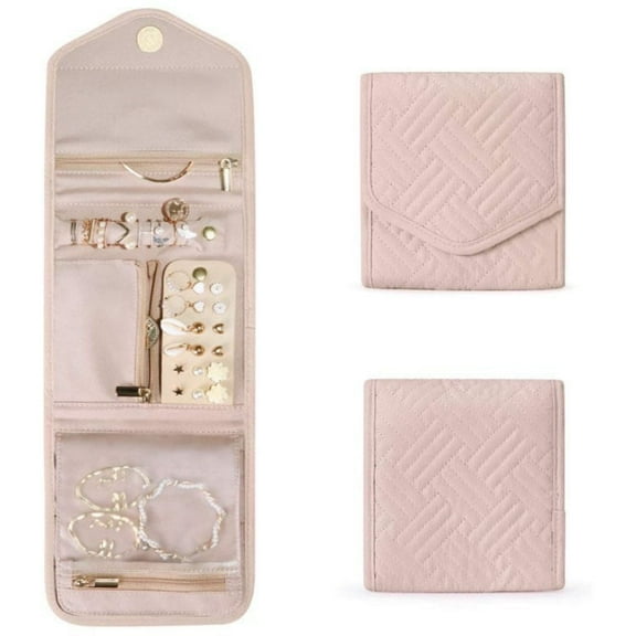 JINGBAO Travel Jewelry Organizer Roll Foldable Jewelry Case for Journey-Rings, Necklaces, Bracelets, Earrings,Adult,Soft Pink(Small)