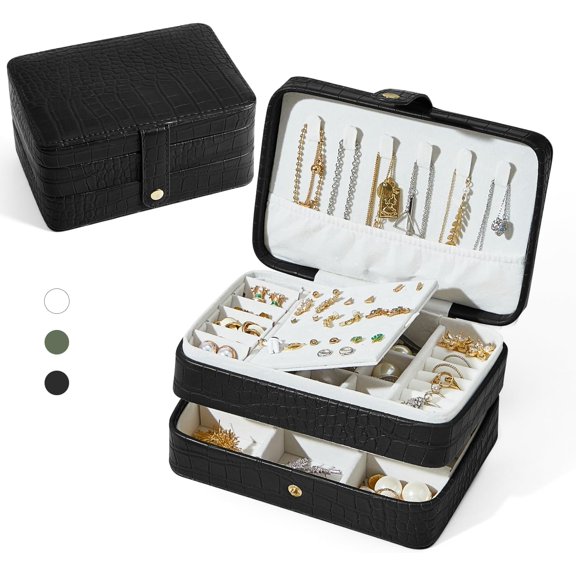 Travel Jewelry Case, Portable Jewelry Organizer Box with 3 Layers PU Leather Storage for Earrings, Necklaces, Rings, Bracelets, Compact Jewelry Gift for Women, Christmas Gifts (Black)