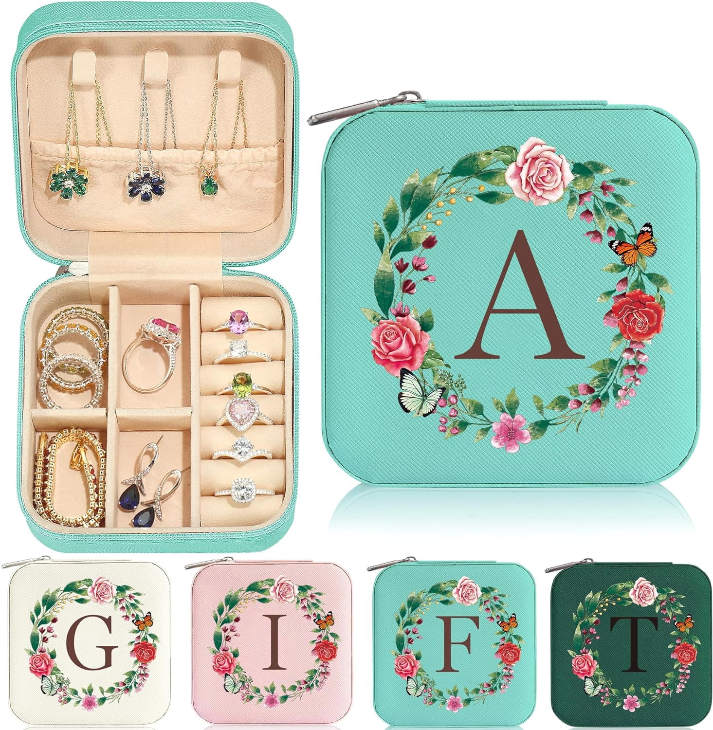 Travel Jewelry Case - Small Initial Jewelry Holder Organizer | Travel Jewelry Box Women Girl | Earring Organizer | Birthday Personalized Gifts Idea | Travel Essential - Letter A, Blue[Z2860]