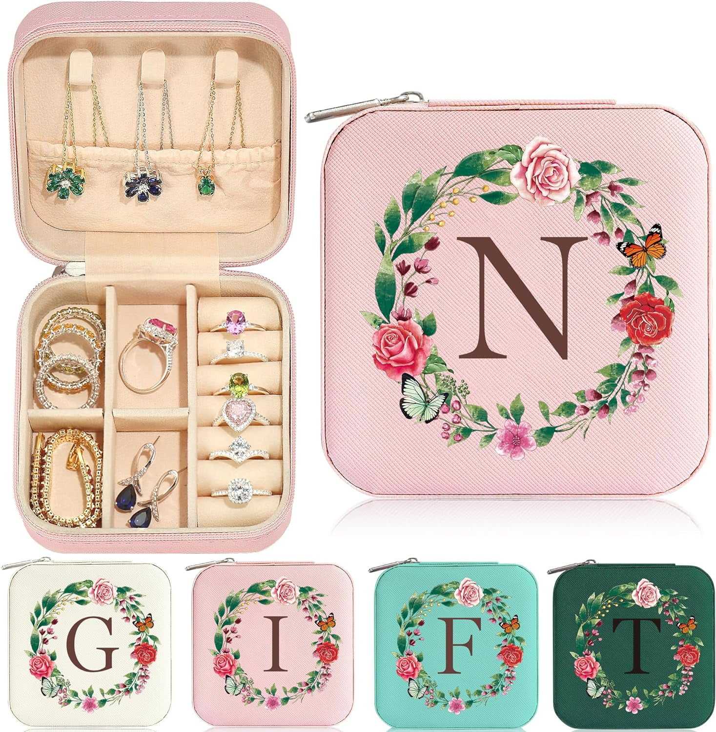 Travel Jewelry Case - Small Initial Jewelry Travel Organizer | Travel Jewelry Box Women | Earring Necklace Organizer | Birthday Personalized Gifts Idea | Travel Essential - Letter N, Pink[Z2848]