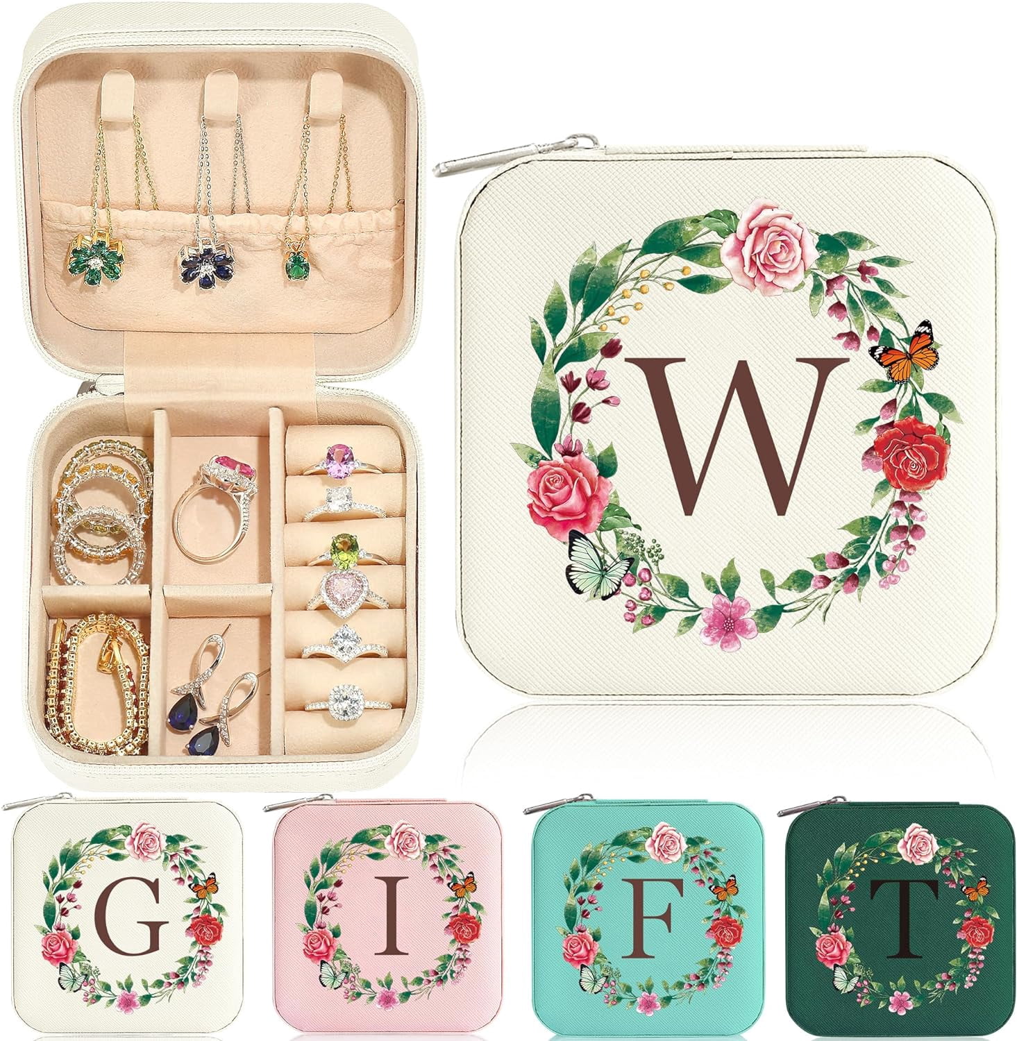 Travel Jewelry Case - Small Initial Jewelry Travel Organizer | Travel Jewelry Box Women Girl | Earring Necklace Organizer | Birthday Personalized Gifts Idea | Travel Essential - Letter W, Wh[Z2825]