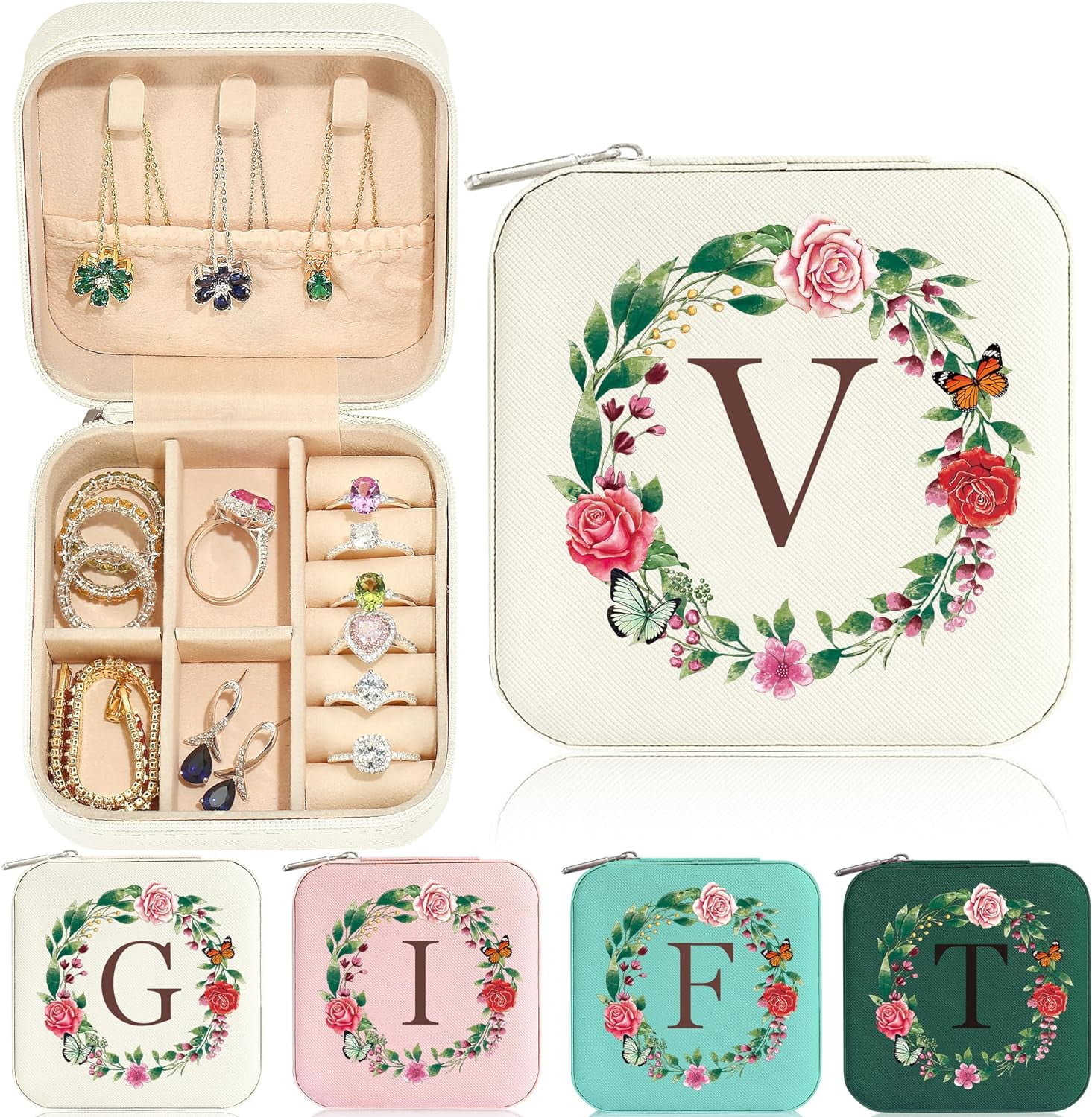 Travel Jewelry Case - Small Initial Jewelry Travel Organizer | Travel Jewelry Box Women Girl | Earring Necklace Organizer | Birthday Personalized Gifts Idea | Travel Essential - Letter V, Wh[Z2847]