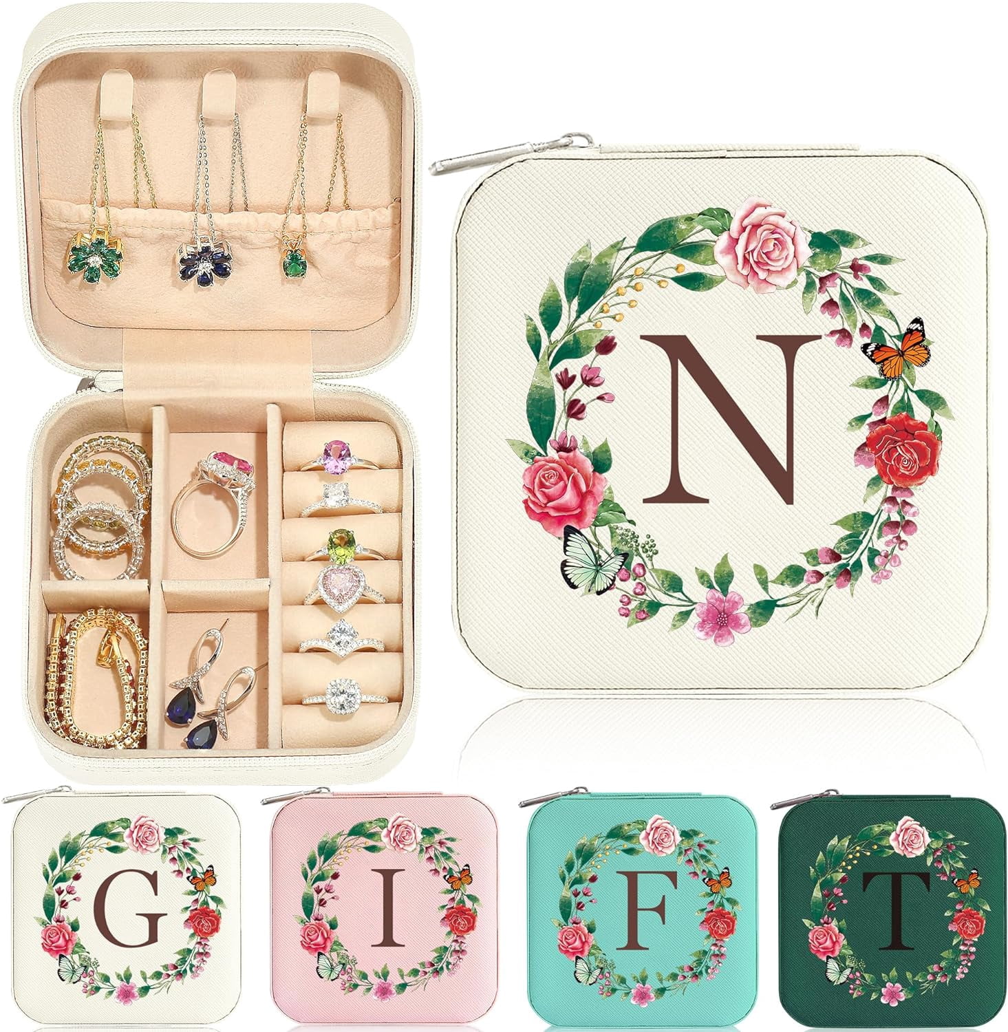 Travel Jewelry Case - Small Initial Jewelry Travel Organizer | Travel Jewelry Box Women Girl | Earring Necklace Organizer | Birthday Personalized Gifts Idea | Travel Essential - Letter N, Wh[Z2852]