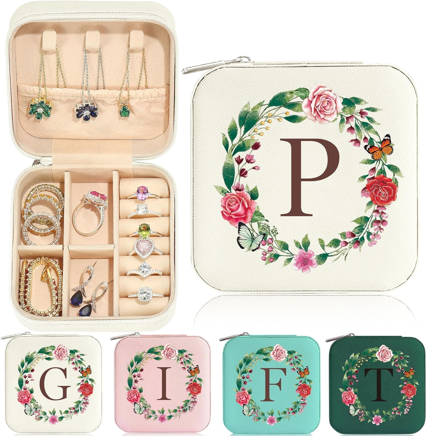Travel Jewelry Case - Small Initial Jewelry Travel Organizer | Travel Jewelry Box Women Girl | Earring Necklace Organizer | Birthday Personalized Gifts Idea | Travel Essential - Letter P, Wh[Z2862]