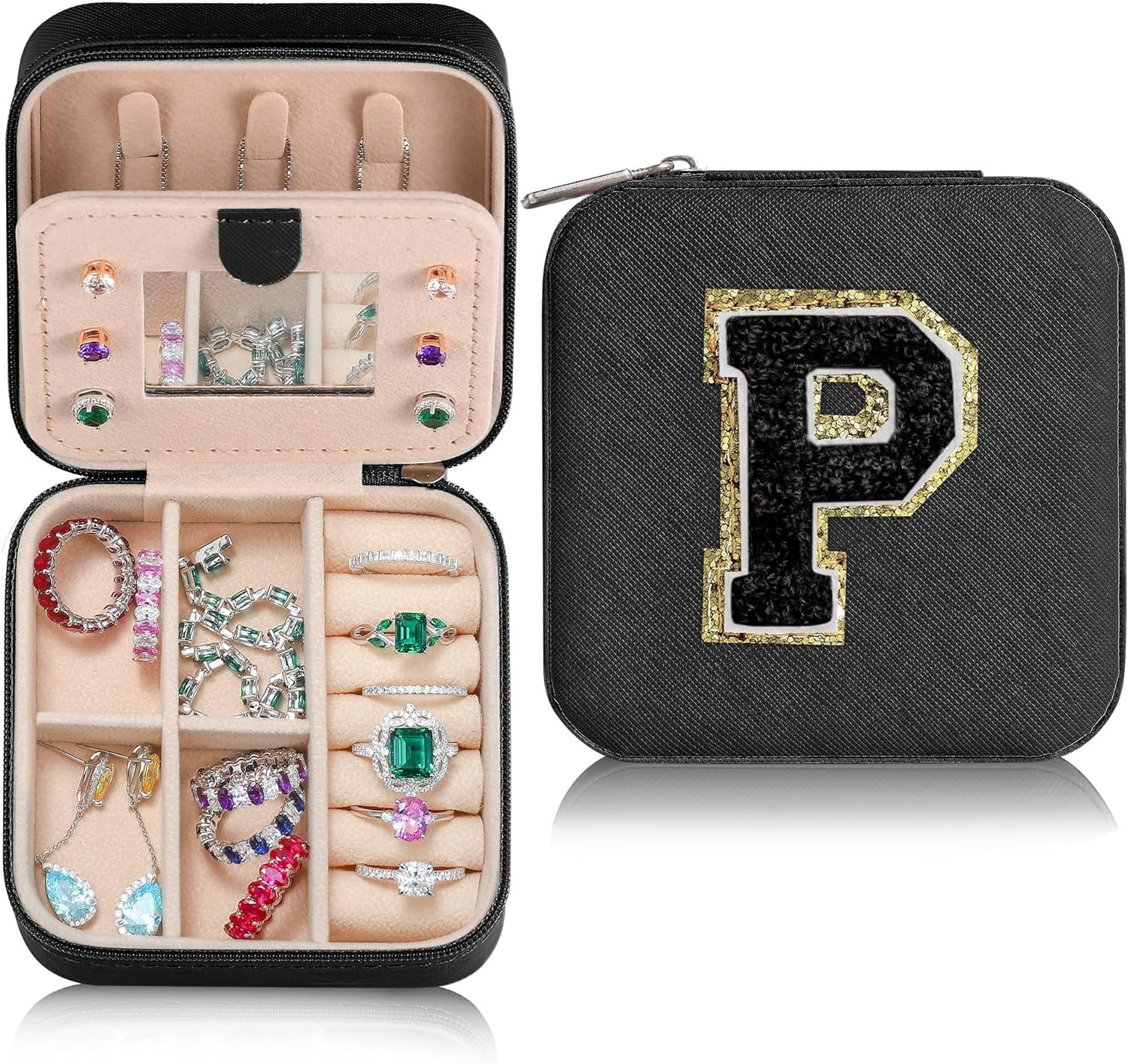 Travel Jewelry Case For Women Girls, P Initial Jewelry Box | Small Jewelry Box | Travel Jewelry Box For Women | Travel Jewelry Case | Travel Gifts For Women - Letter P, Black[Z1]