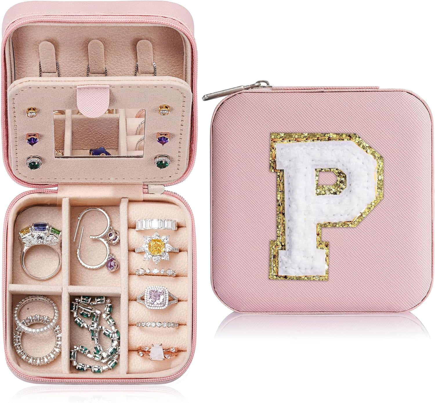 Travel Jewelry Case For Women Girls, P Initial Jewelry Box | Small Jewelry Box | Travel Jewelry Box For Women | Travel Jewelry Case | Travel Gifts For Women - Letter P, Pink[Z1]