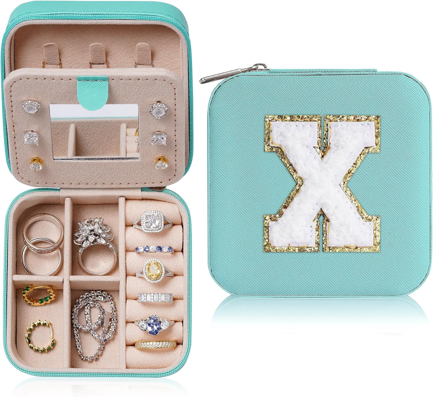 Travel Jewelry Case For Women Girls, X Initial Jewelry Box | Small Jewelry Box | Travel Jewelry Box For Women | Travel Jewelry Case | Travel Gifts For Women Girl - Letter X, Aqua Blue[Z1]