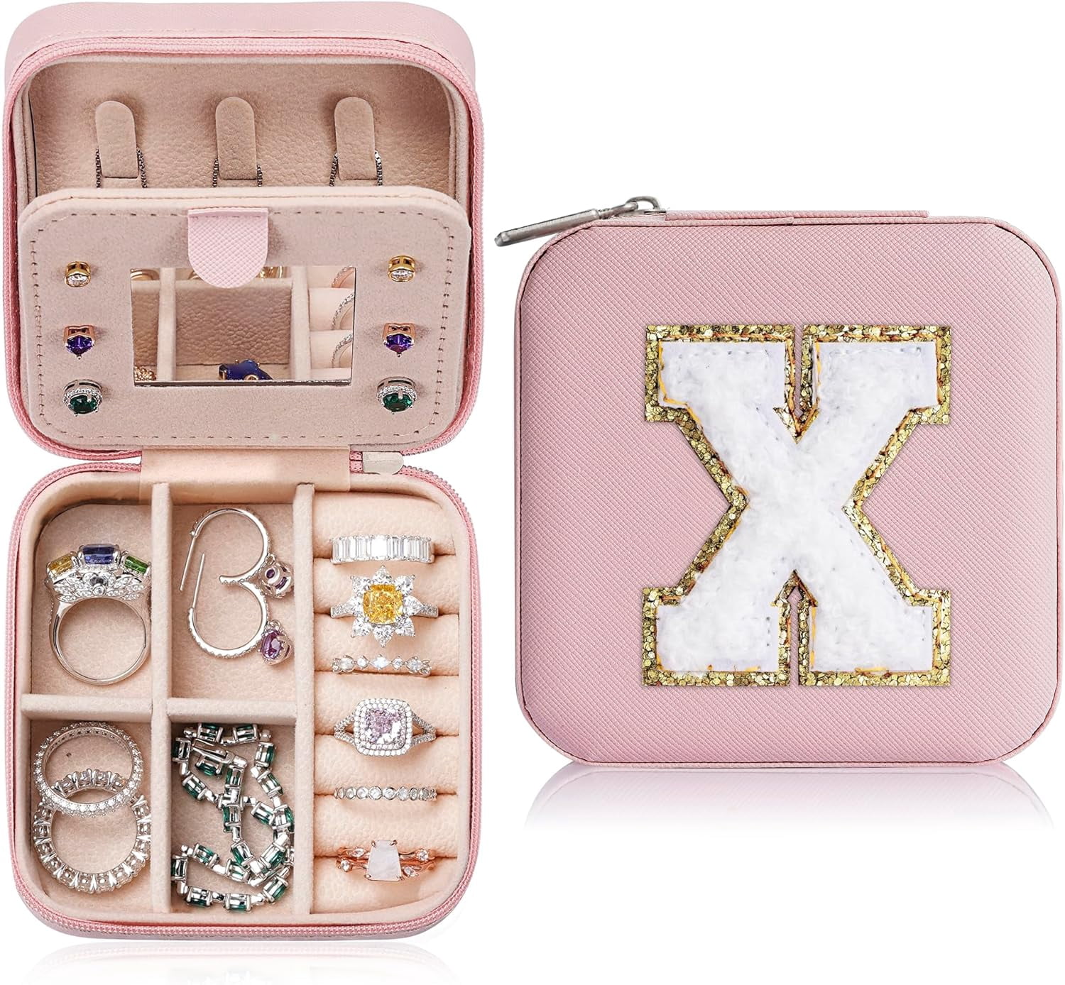 Travel Jewelry Case For Women Girls, X Initial Jewelry Box | Small Jewelry Box | Travel Jewelry Box For Women | Travel Jewelry Case | Travel Gifts For Women Girl - Letter X, Pink[Z1]
