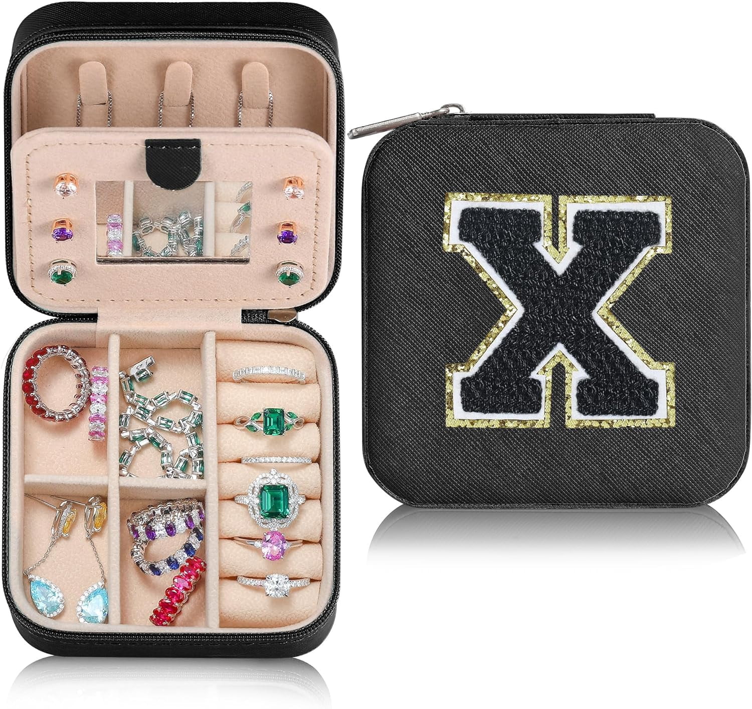 Travel Jewelry Case For Women Girls, X Initial Jewelry Box | Small Jewelry Box | Travel Jewelry Box For Women | Travel Jewelry Case | Travel Gifts For Women Girl - Letter X, Black[Z1]