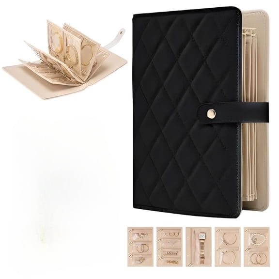 Travel Jewelry Notebook, PU Leather Ring Binder Organizer with Zipper Velvet Jewelry Pouches Bags, 5 Detachable Pages for Necklaces, Rings, Earrings, Tangle-Free, Travel Essentials (A)