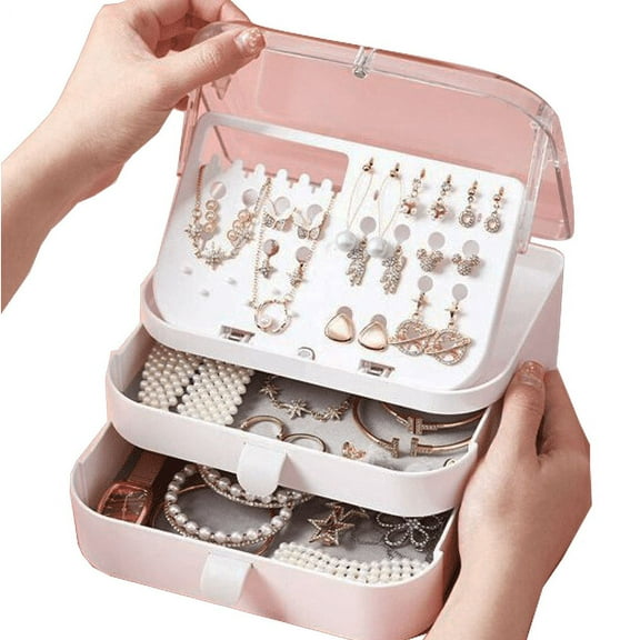 Travel Jewelry Organizer, ABS Clear Top Small Jewelry Organizer for Women Girls, 3 Layers Portable Travel Jewelry Case for Stud Earrings, Rings, Necklaces, Bracelets