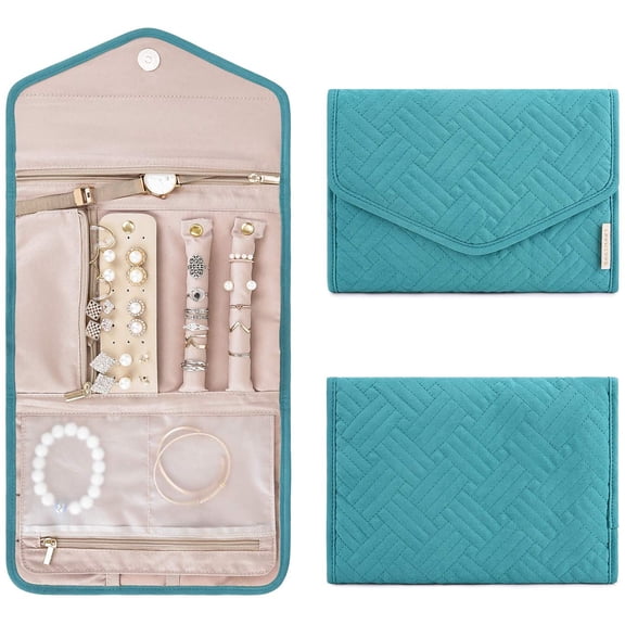 Travel Jewelry Organizer Roll, Foldable Jewelry Case for Journey-Rings, Necklaces, Bracelets, Earrings, Blue