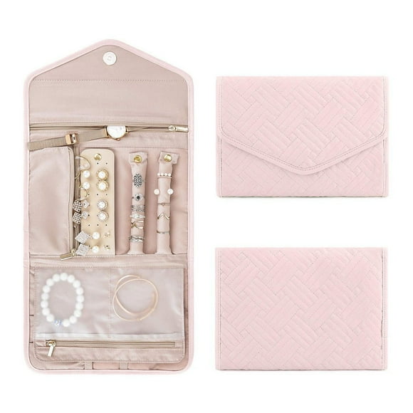 Travel Jewelry Organizer Roll Foldable Jewelry Case for Journey-Rings, Necklaces, Bracelets, Earrings, Light Pink