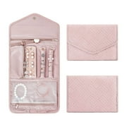 GINMLYDA Travel Jewelry Organizer Roll Foldable Jewelry Case for Journey-Rings, Necklaces, Earrings, Bracelets, Mini, Soft Pink
