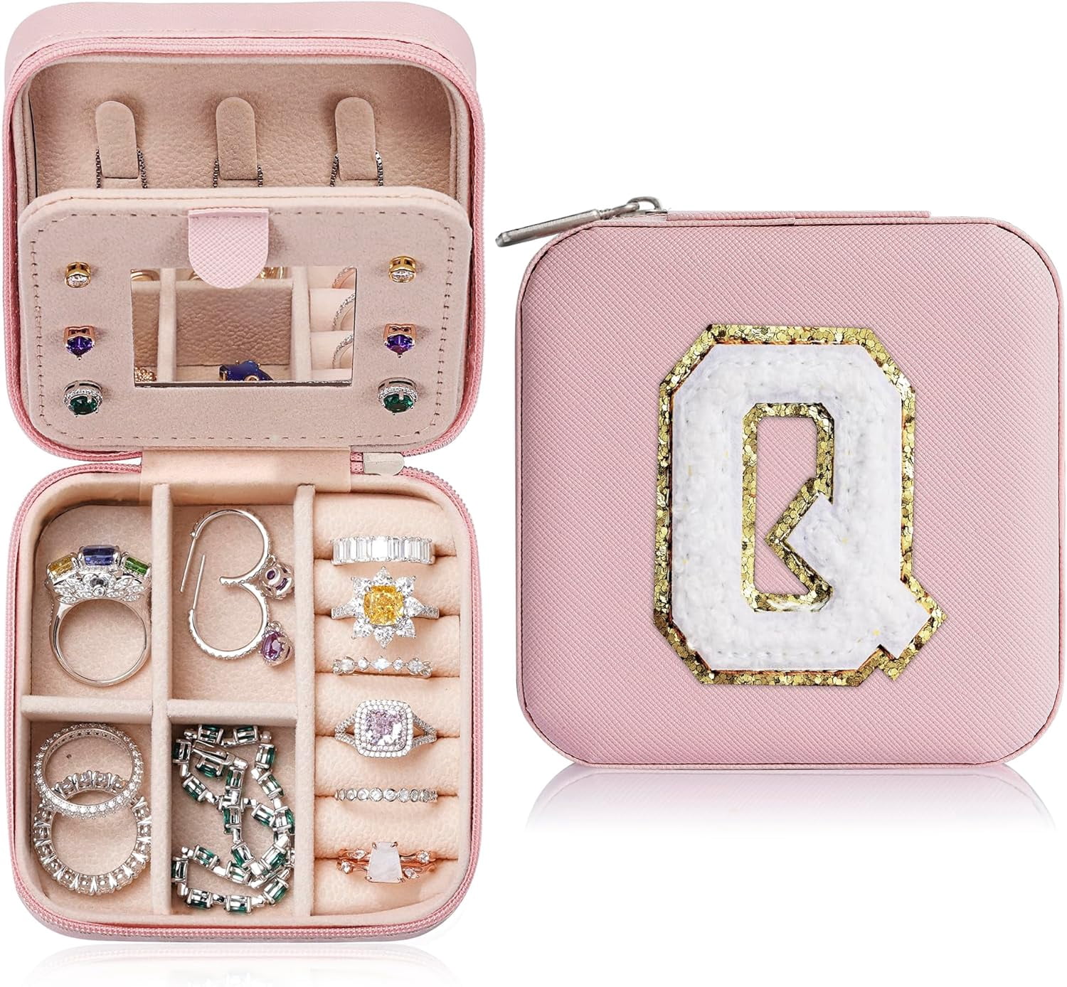 Travel Jewelry Organizer For Women, Travel Jewelry Organizer | Necklace Organizer Earrings Organizer Ring Organizer | Jewelry Travel Organizer | Travel Gifts For Women - Letter Q, Pink[Z1]