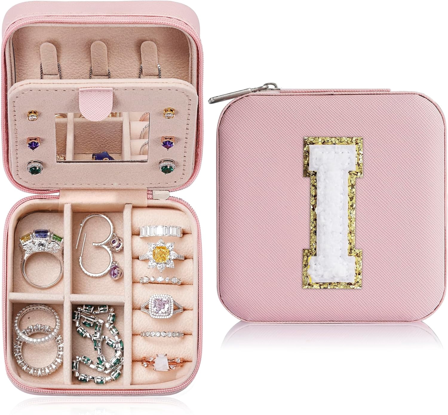 Travel Jewelry Organizer For Women, Travel Jewelry Organizer | Necklace Organizer Earrings Organizer Ring Organizer | Jewelry Travel Organizer | Travel Gifts For Women - Letter I, Pink[Z1]