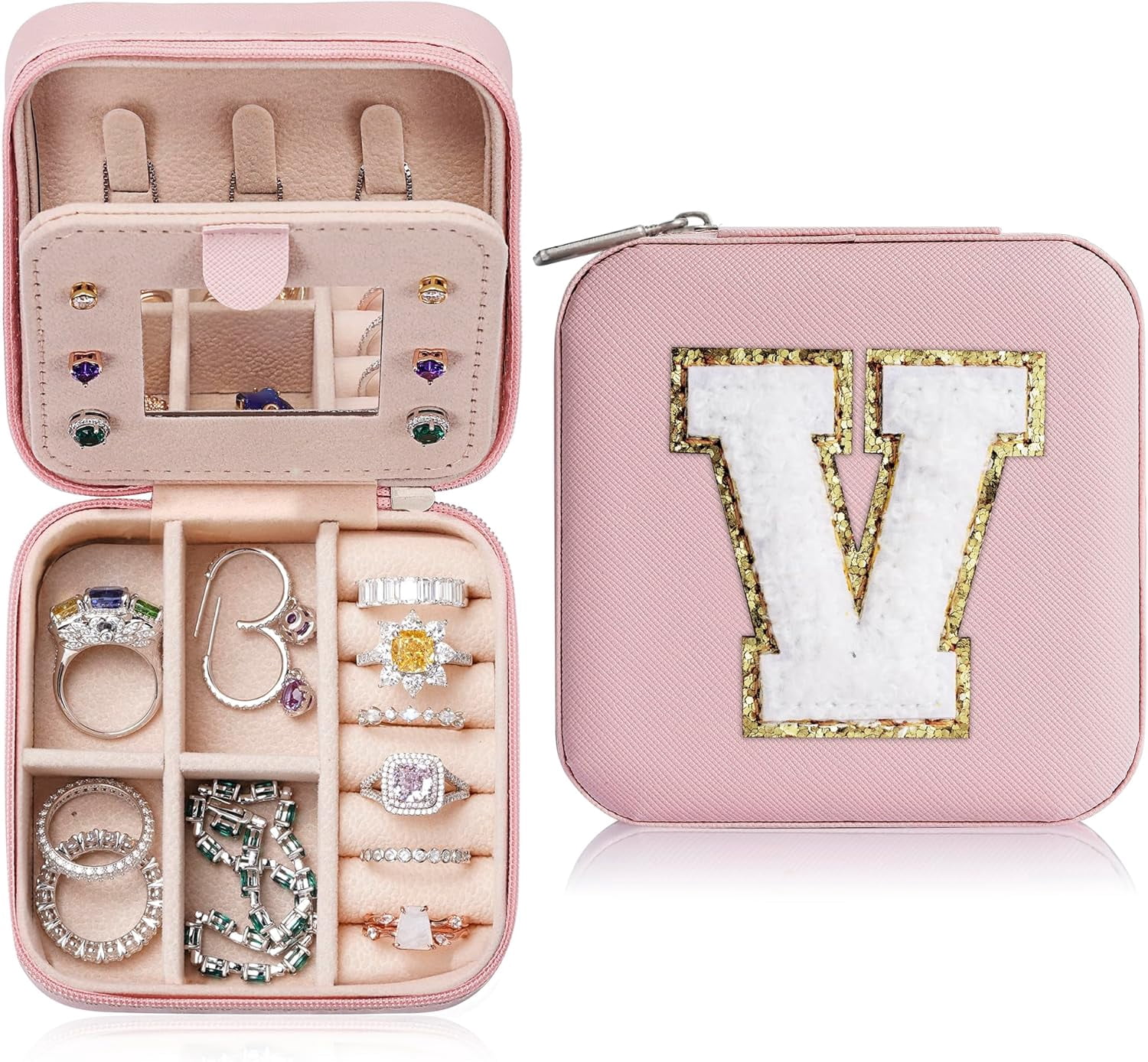 Travel Jewelry Organizer For Women, Travel Jewelry Organizer | Necklace Organizer Earrings Organizer Ring Organizer | Jewelry Travel Organizer | Travel Gifts For Women - Letter V, Pink[Z1]