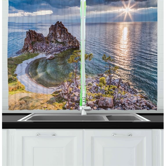 Travel Kitchen Curtains, Shaman Rock Lake Baikal in Russia Coastal Theme Sun Rays Scenic Vista Print, Two Panels Drapes with Rod Pocket Room Decor, 55" X 45", Green Brown Blue, by Ambesonne