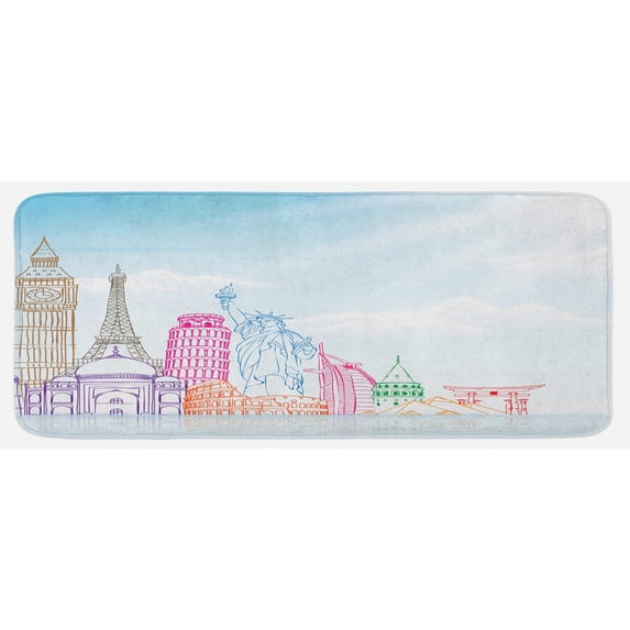 Travel Kitchen Mat, Sky Blue Backgrounded Image of European Cities Landmarks Colorful Art Print, Plush Decorative Kitchen Mat with Non Slip Backing, 47" X 19", Multicolor, by Ambesonne