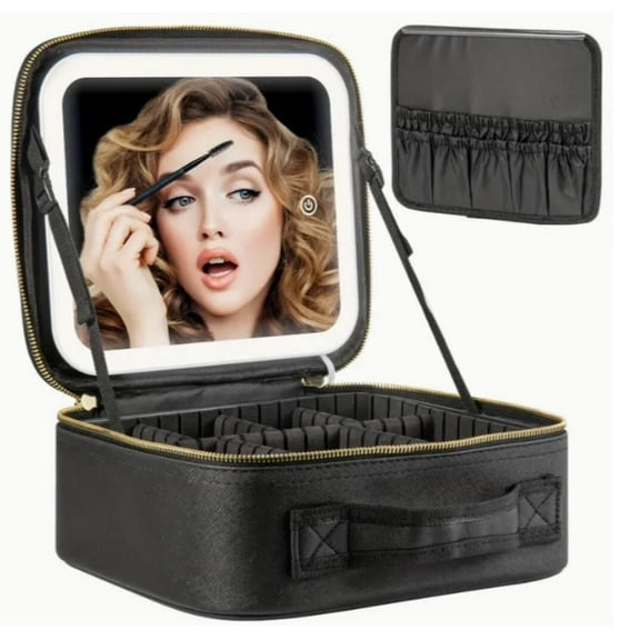 Travel LED Makeup Mirror, 3 Light Types, Cosmetic Storage Bag with Adjustable Dividers, Travel Makeup Mirror (with Light) Great for Outdoor Work and Travel