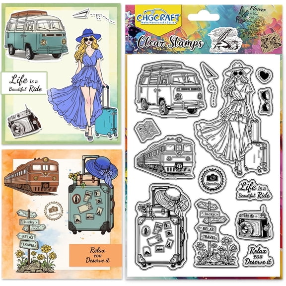 Travel Lady Clear Stamps Bus Train Transparent Stamps Camera Silicone Clear Stamp Seals for Carding Making DIY Scrapbooking Photo Album Decoration 4.3x6.3 inch