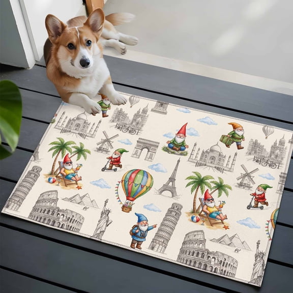 Travel Landmarks 2x3 Area Rugs for Living Room, Retro Classic World Map Icons Gnomes Beige Background Non Slip Floor Mat Washable Low-Profile Indoor Carpet for Bedroom, Dining Room, Bathroom