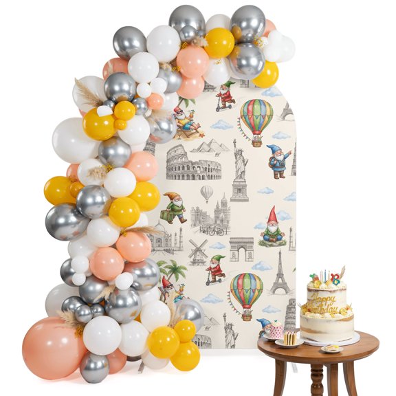 Travel Landmarks Arch Backdrop Cover 4FT Retro Classic World Map Icons Gnomes Beige Background Spandex Fitted Arch Covers Stretchy Backdrop Decoration for Wedding Birthday Graduation Party