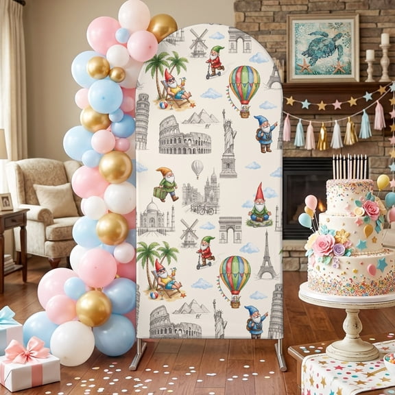 Travel Landmarks Arch Backdrop Covers 4 FT, Retro Classic World Map Icons Gnomes Beige Background Stretchy Fitted Arched Stand Covers Party Arch Stand Cover Photo Booth for Wedding Birthday Decor