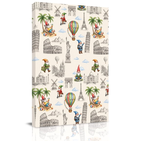 Travel Landmarks Canvas Wall Art for Living Room, Retro Classic World Map Icons Gnomes Beige Background Wall Decor Framed Artwork Pictures Ready to Hang for Bedroom Office Home Decor
