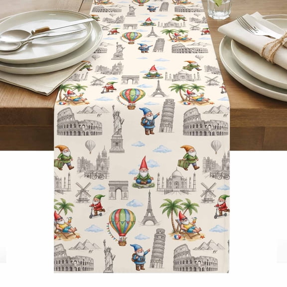 Travel Landmarks Cotton Linen Table Runner Retro Classic World Map Icons Gnomes Beige Background Dining Table Runners for Home Decor Party Dining Room Restaurant Kitchen Party 13" x 36"