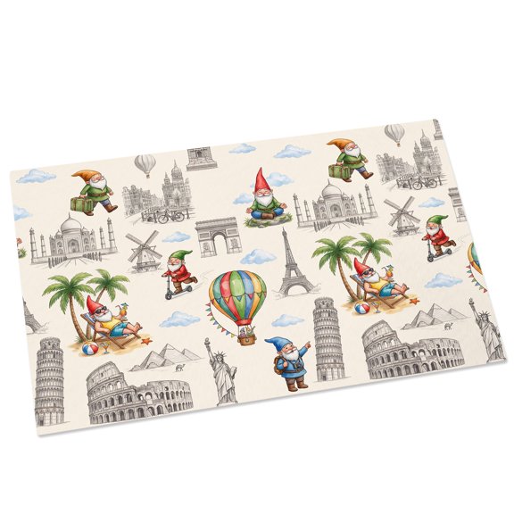 Travel Landmarks Door Mat 16x24 Inch Retro Classic World Map Icons Gnomes Beige Background Entryway Rug with Non-Slip Rubber, Front Door Mat Indoor Floor Mats for Living Room Bathroom Bedroom