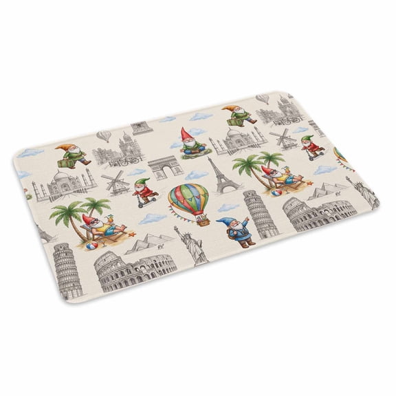 Travel Landmarks Doormat Retro Classic World Map Icons Gnomes Beige Background Non Slip Low Profile Rubber Door Mat Washable Absorbent Indoor Front Door Mat Entryway Rug Entrance Carpet 16x24 Inch