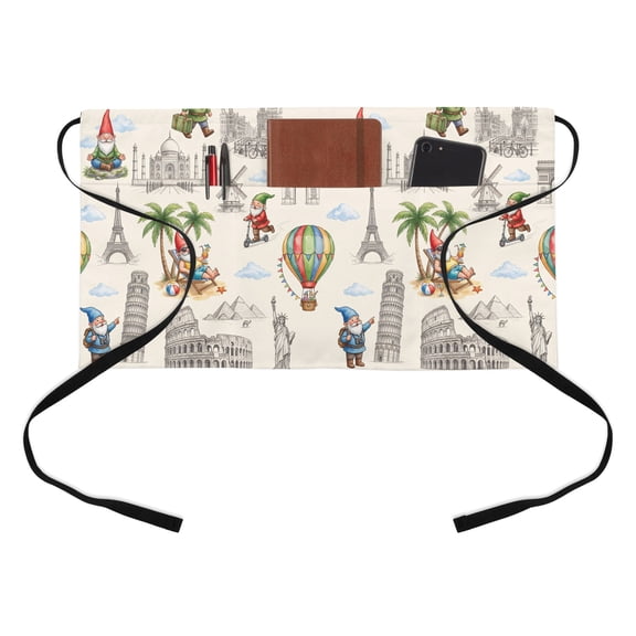 Travel Landmarks Half Waist Apron Retro Classic World Map Icons Gnomes Beige Background Short Waiter Aprons with 3 Pockets for Women Men Kitchen Restaurant Cooking