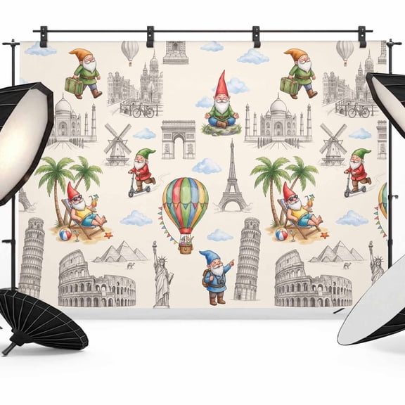 Travel Landmarks Photography Backdrop 7x5FT, Retro Classic World Map Icons Gnomes Beige Background Photo Backdrops, Background for Photography Studio Photo Studio Background, Back Drop for Photoshoot