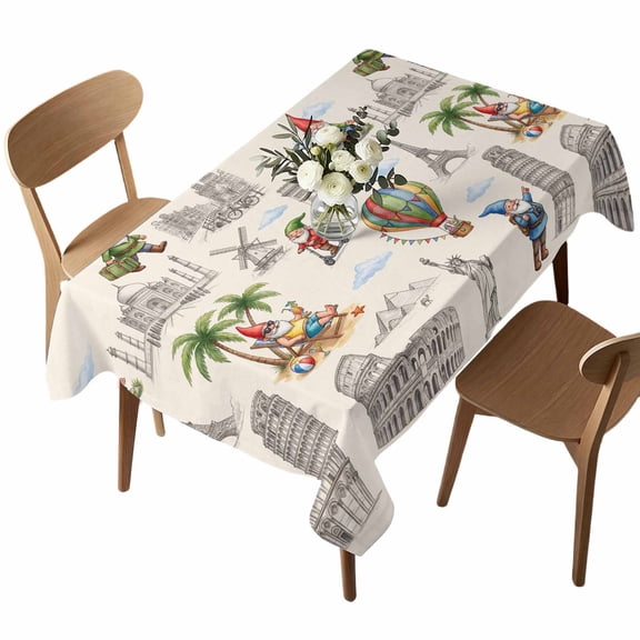 Travel Landmarks Rectangle Tablecloth Retro Classic World Map Icons Gnomes Beige Background Waterproof Wrinkle Free Soft Table Cloth Spill-Proof Washable Table Cover for Dining Picnic 60 x 102 Inch