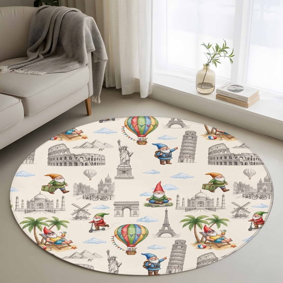 Travel Landmarks Round Rug 4Ft Retro Classic World Map Icons Gnomes Beige Background Circle Area Rugs Washable Non Slip Indoor Floor Mats Carpet for Living Room Bedroom Dining Room Home Decor
